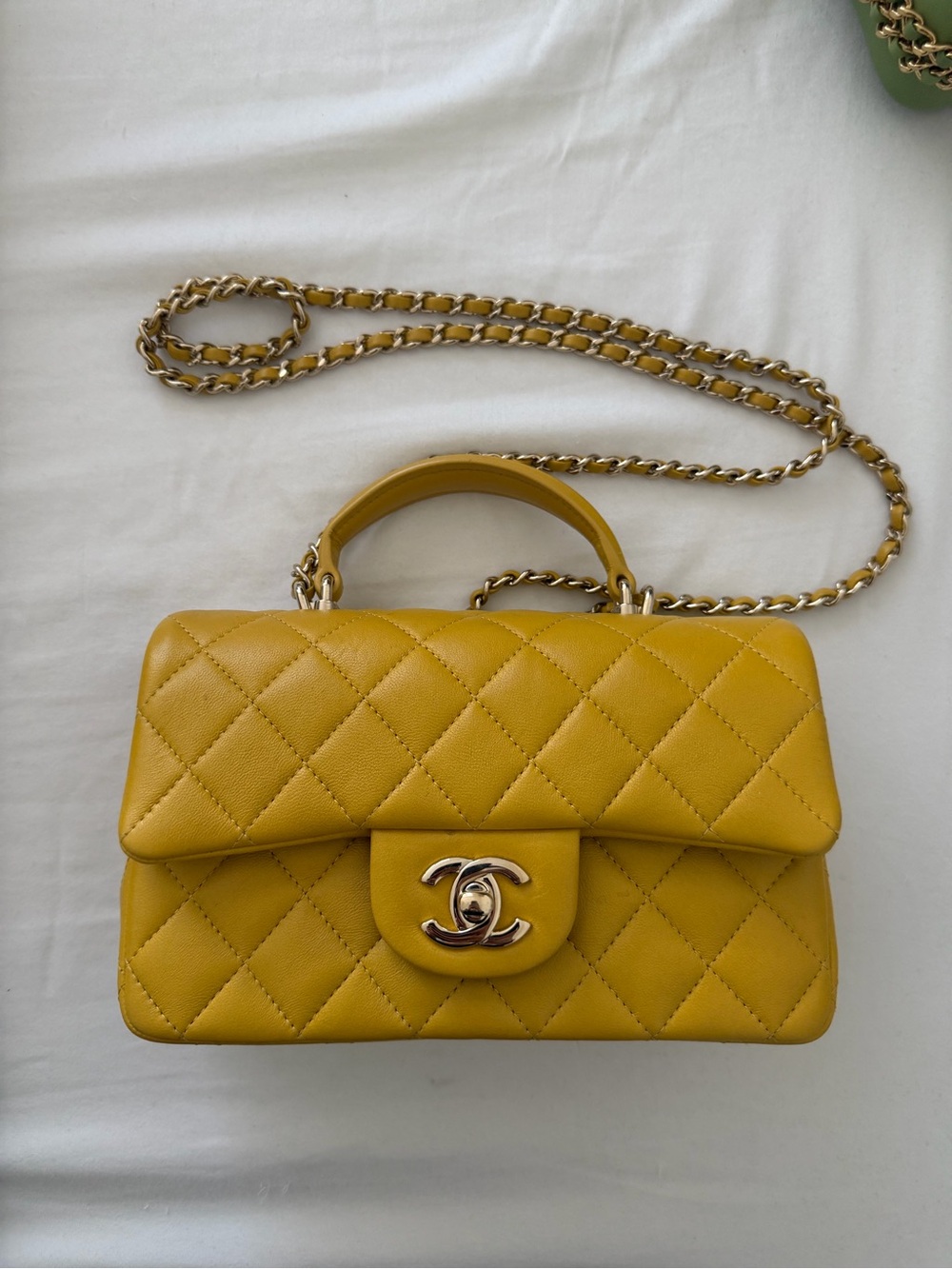 CHANEL Yellow Quilted Top-Handle Shoulder Bag with Chain Strap